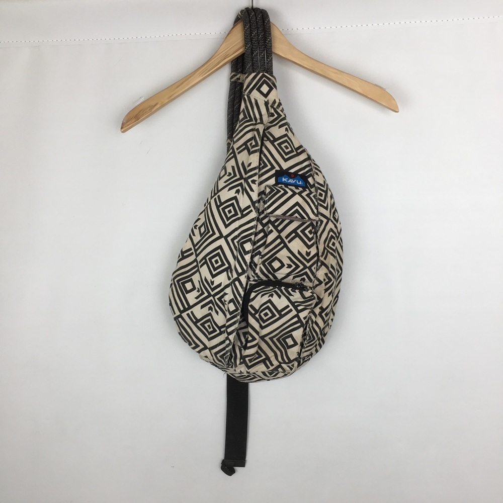KAVU Sling Bag Crossbody Backpack Gray & Cream Canvas Adjustable Rope Strap
